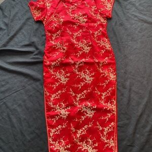 Elegant Red Asian Floral Dress Golden Dragon